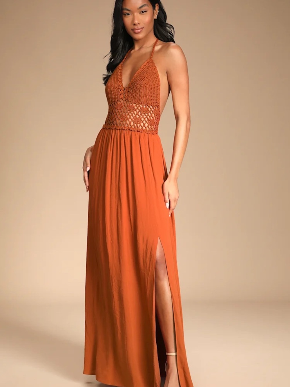 Halter Crochet Bodice Maxi Dress in Rust